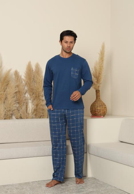Pijama Barbati ,Maneca si Pantaloni Lungi, Culoare Albastru cu Crem,Engros